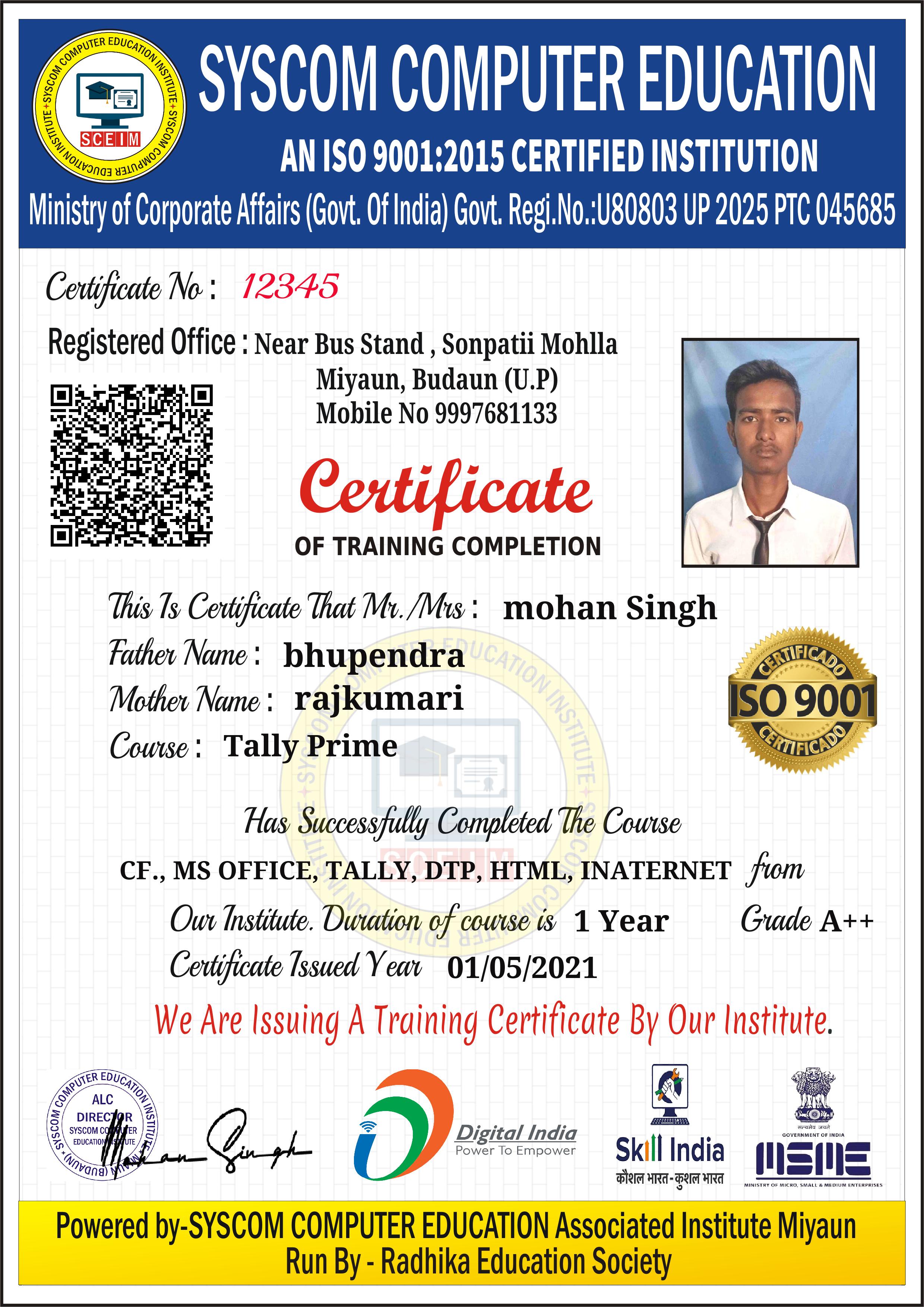 Certificate demo syscom computer center 